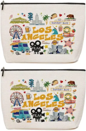 2pcs Los Angeles Cosmetic Bag Travel Holiday Souvenir Gift Makeup Bag Zipper Pouch City Themed Organizer Los Angeles Souvenir Gifts for Girls Women Traveler Travel Lovers Mom BFF