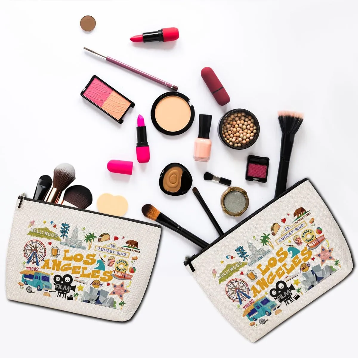 2pcs Los Angeles Cosmetic Bag Travel Holiday Souvenir Gift Makeup Bag Zipper Pouch City Themed Organizer Los Angeles Souvenir Gifts for Girls Women Traveler Travel Lovers Mom BFF