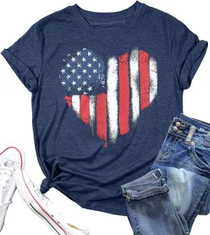 4th of July Shirts Women American Flag Patriotic T-Shirts USA Star Stripes Graphic Tee Tops