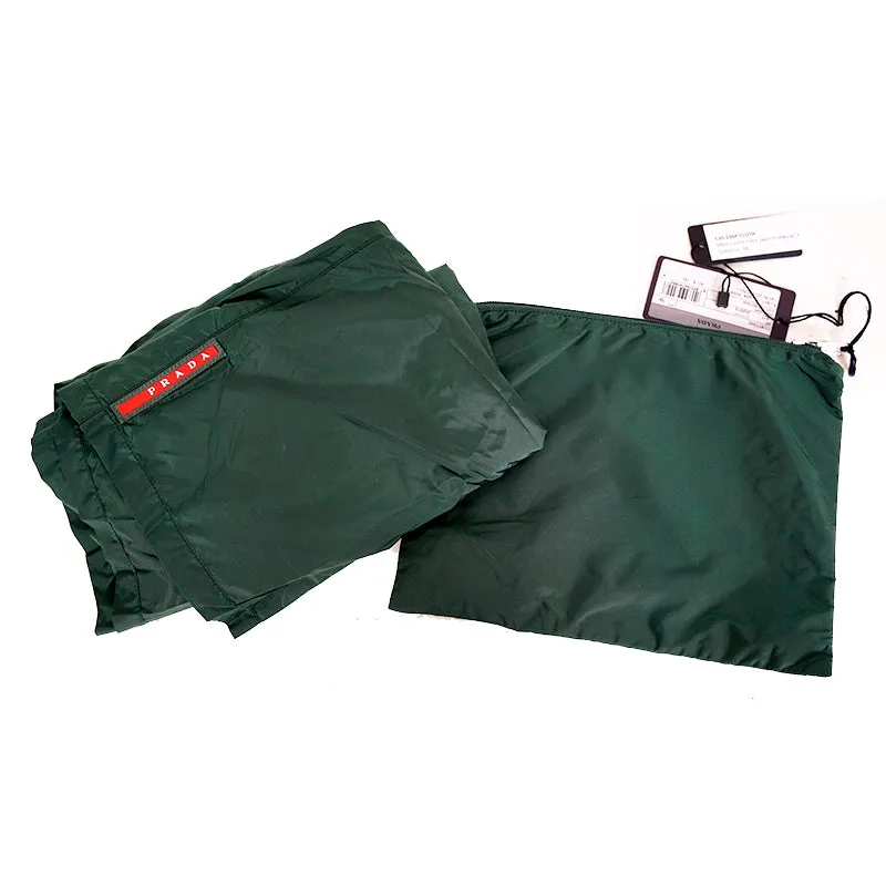 58 NEW $725 PRADA Men Green Nylon LINE-A LOGO Swim Shorts TRUNKS & TRAVEL POUCH