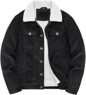 Adhdyuud Male Cotton Padded Warm Jackets Loose Corduroy Short Parka Coat Casual Solid Zip Windbreaker Black XXXL