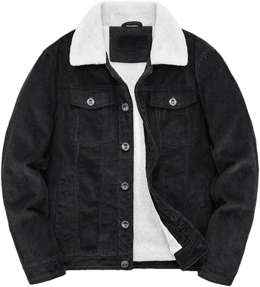 Adhdyuud Male Cotton Padded Warm Jackets Loose Corduroy Short Parka Coat Casual Solid Zip Windbreaker Black XXXL