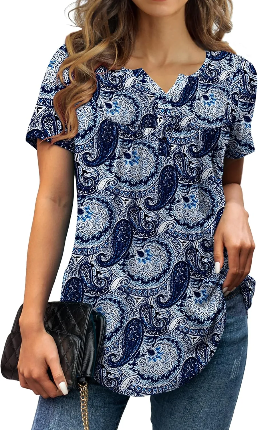 a.Jesdani Womens Summer Plus Size Tunic Tops Short Sleeve Blouses Casual Floral Henley Shirts