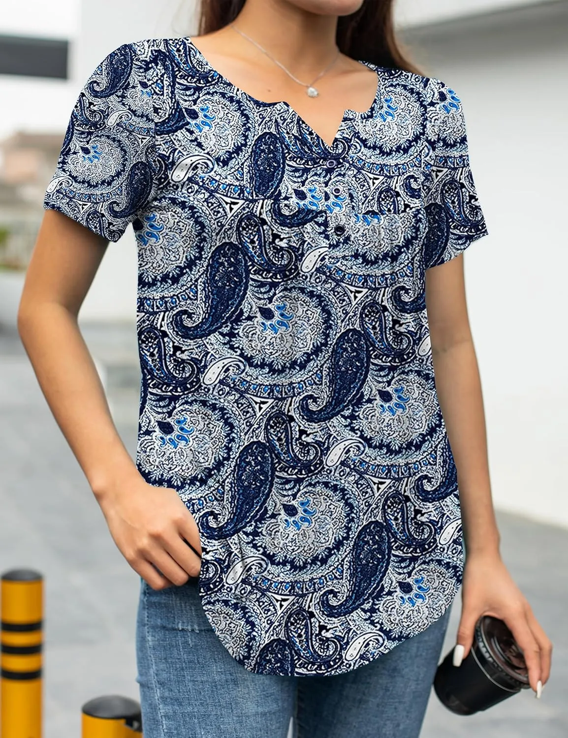 a.Jesdani Womens Summer Plus Size Tunic Tops Short Sleeve Blouses Casual Floral Henley Shirts