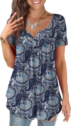 a.Jesdani Womens Summer Plus Size Tunic Tops Short Sleeve Blouses Casual Floral Henley Shirts