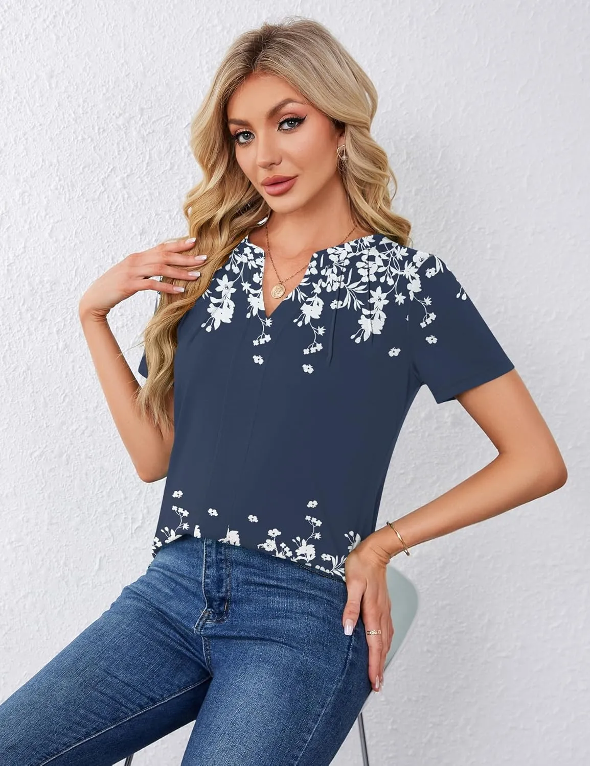 AKEWEI Short Sleeve Blouses for Women V Neck T Shirts Pleated Summer Dressy Casual Tops