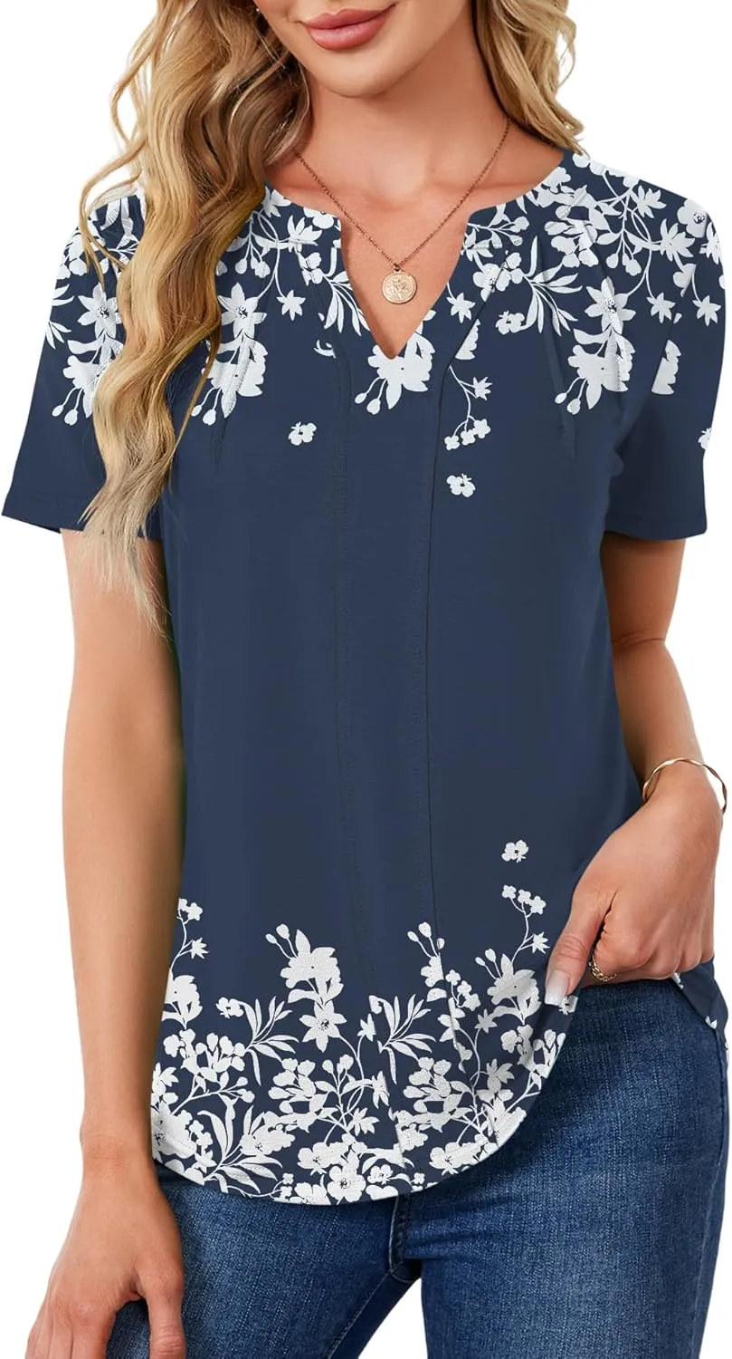 AKEWEI Short Sleeve Blouses for Women V Neck T Shirts Pleated Summer Dressy Casual Tops
