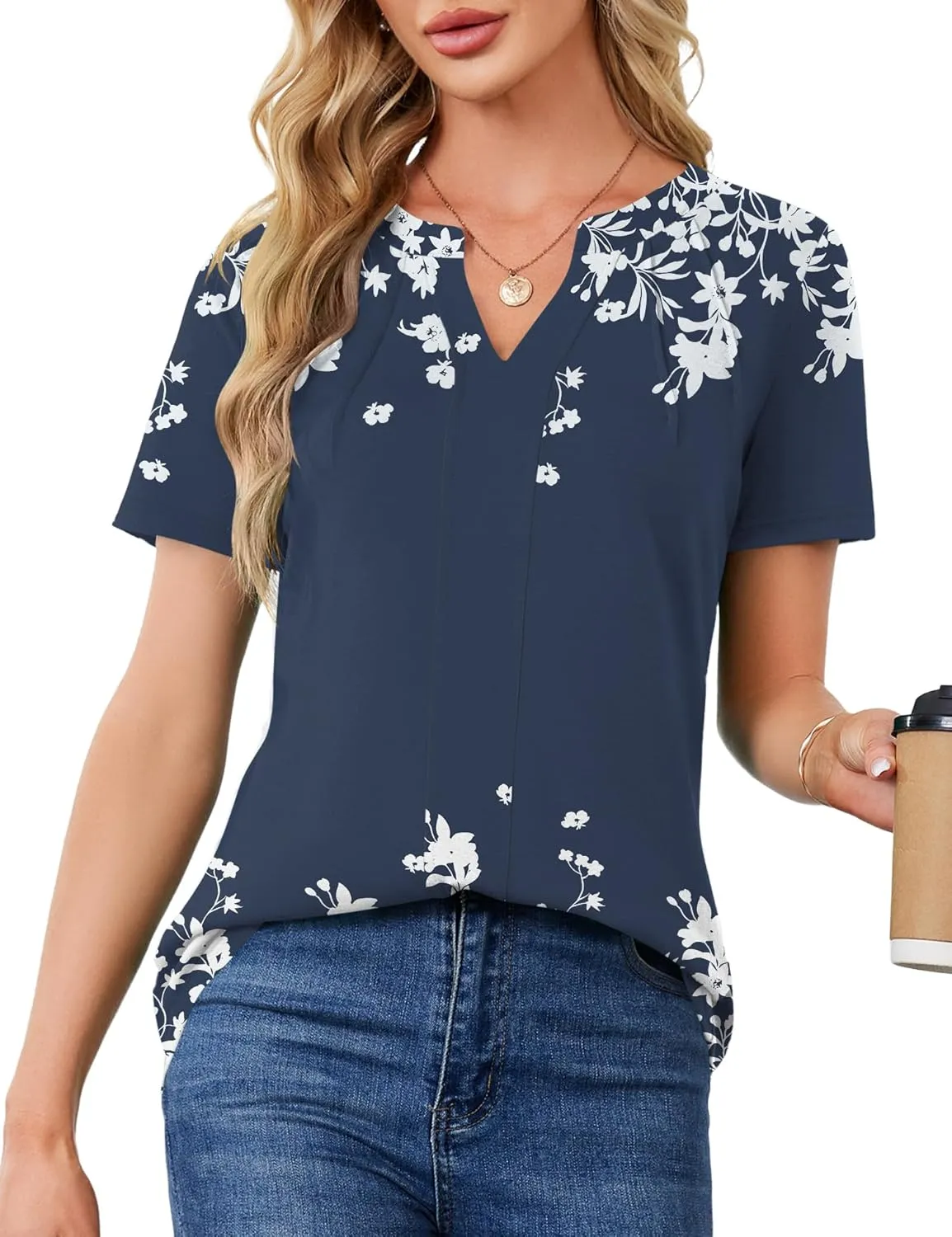 AKEWEI Short Sleeve Blouses for Women V Neck T Shirts Pleated Summer Dressy Casual Tops