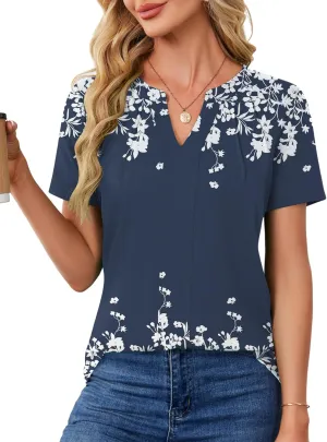 AKEWEI Short Sleeve Blouses for Women V Neck T Shirts Pleated Summer Dressy Casual Tops