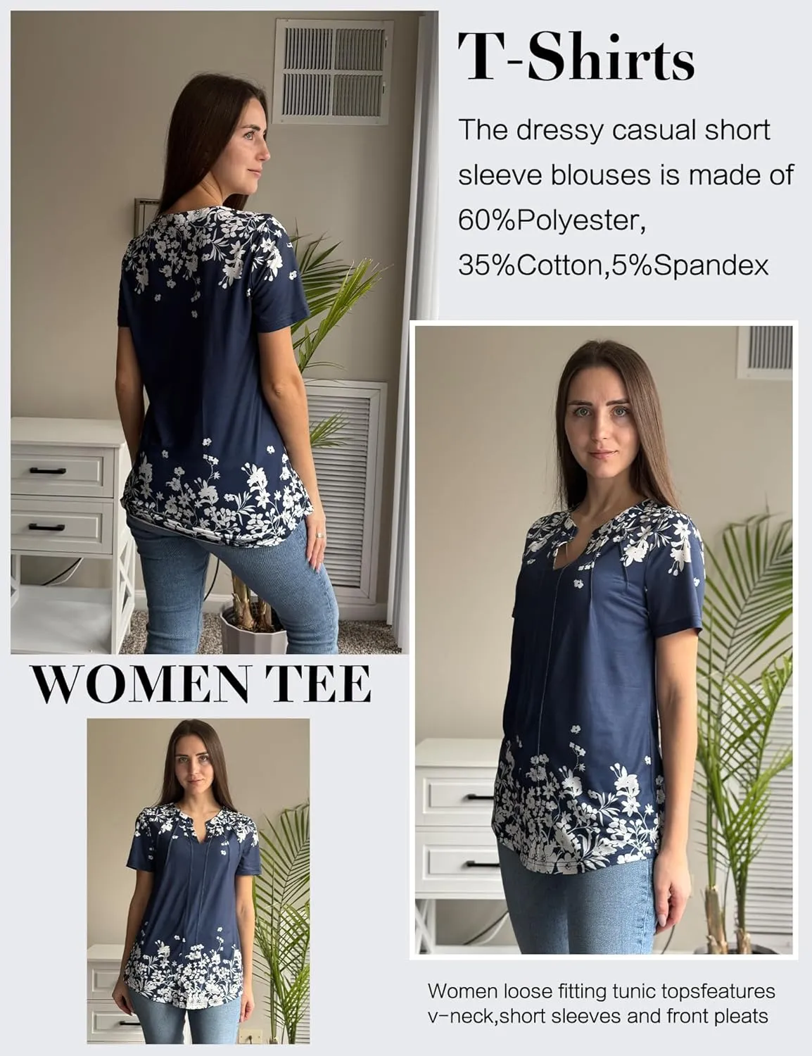 AKEWEI Short Sleeve Blouses for Women V Neck T Shirts Pleated Summer Dressy Casual Tops