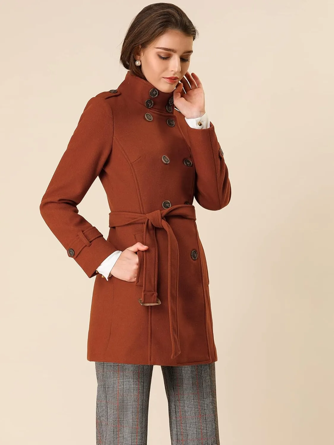 Allegra K Women's Stand Collar Double Breasted Pockets Trendy Outwear Winter Coat with Belt