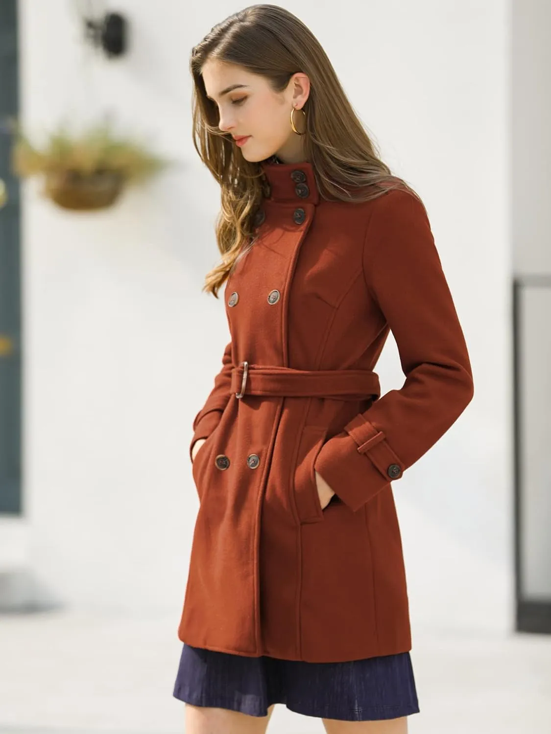 Allegra K Women's Stand Collar Double Breasted Pockets Trendy Outwear Winter Coat with Belt