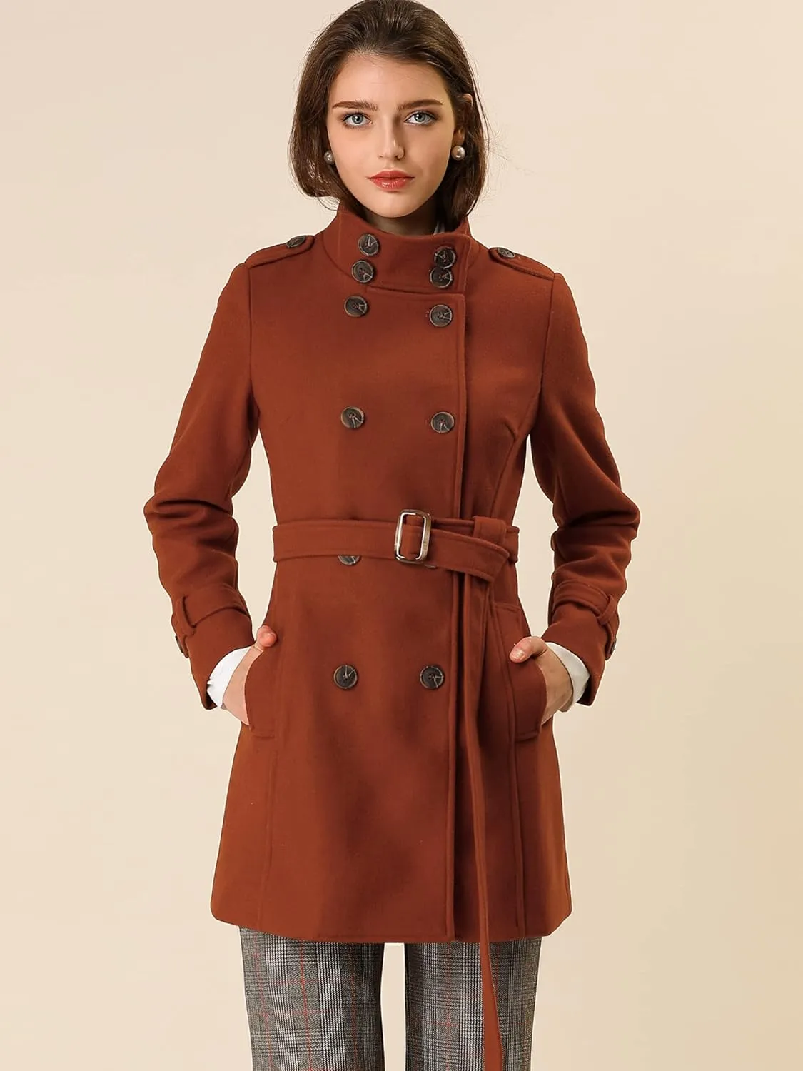 Allegra K Women's Stand Collar Double Breasted Pockets Trendy Outwear Winter Coat with Belt