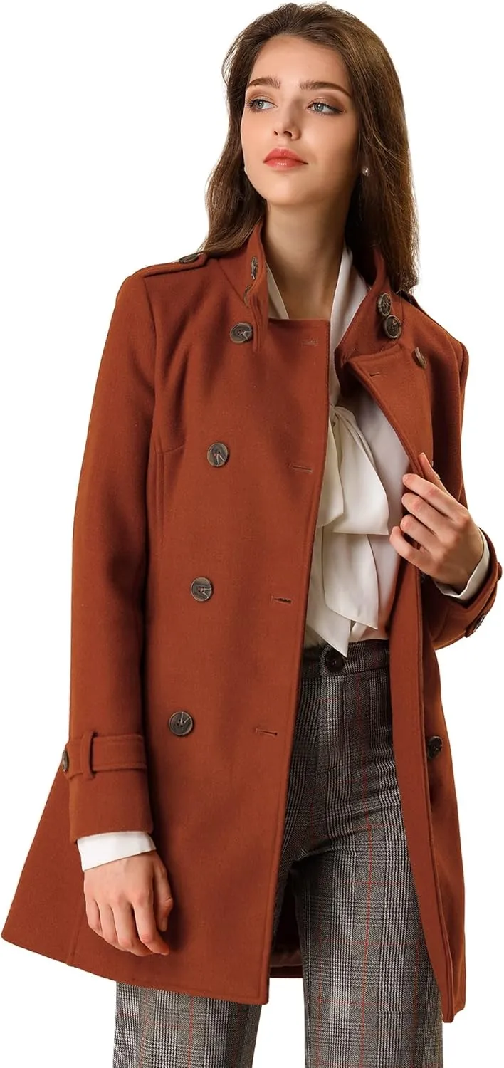 Allegra K Women's Stand Collar Double Breasted Pockets Trendy Outwear Winter Coat with Belt