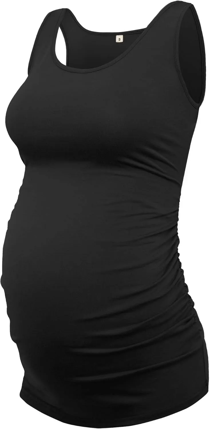 AMPOSH Women's Maternity Tank Top 3 Pack Ruched Side Sleeveless Pregnancy Basic Shirt