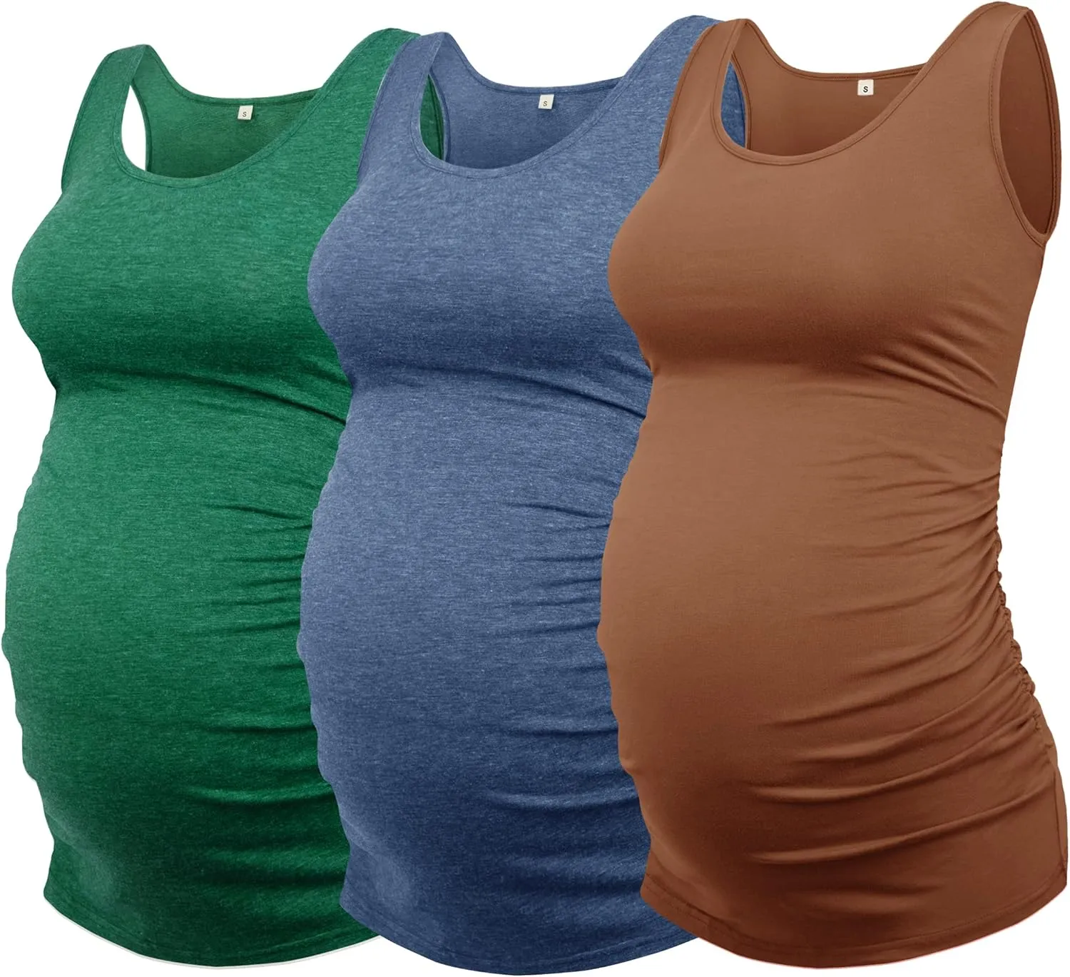 AMPOSH Women's Maternity Tank Top 3 Pack Ruched Side Sleeveless Pregnancy Basic Shirt