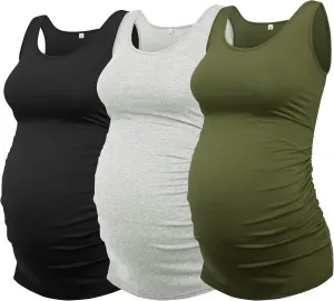 AMPOSH Women's Maternity Tank Top 3 Pack Ruched Side Sleeveless Pregnancy Basic Shirt