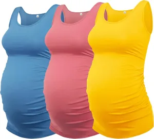 AMPOSH Women's Maternity Tank Top 3 Pack Ruched Side Sleeveless Pregnancy Basic Shirt