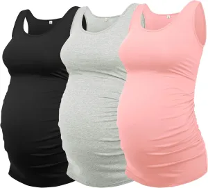 AMPOSH Women's Maternity Tank Top 3 Pack Ruched Side Sleeveless Pregnancy Basic Shirt