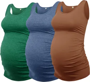 AMPOSH Women's Maternity Tank Top 3 Pack Ruched Side Sleeveless Pregnancy Basic Shirt