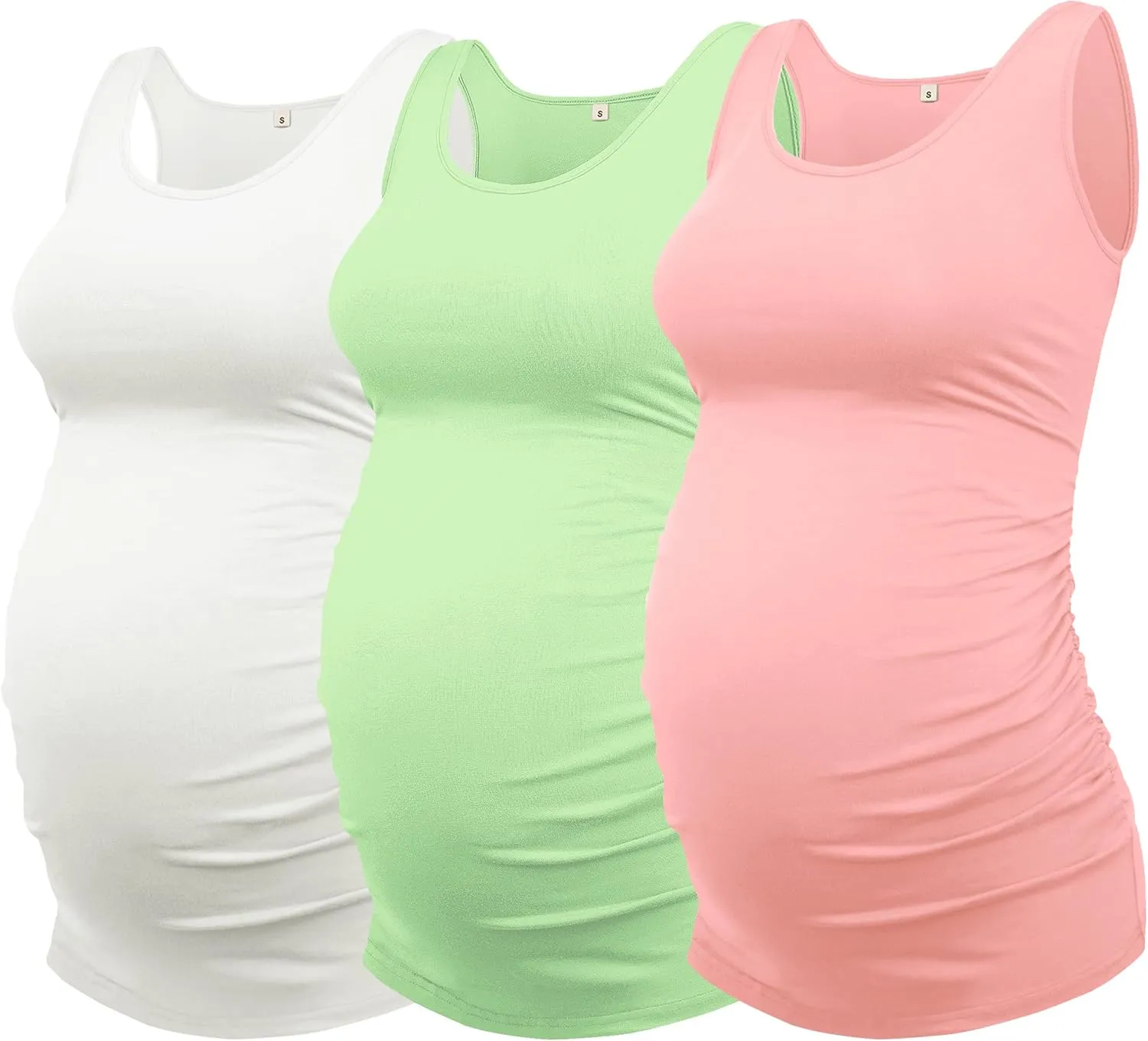 AMPOSH Women's Maternity Tank Top 3 Pack Ruched Side Sleeveless Pregnancy Basic Shirt