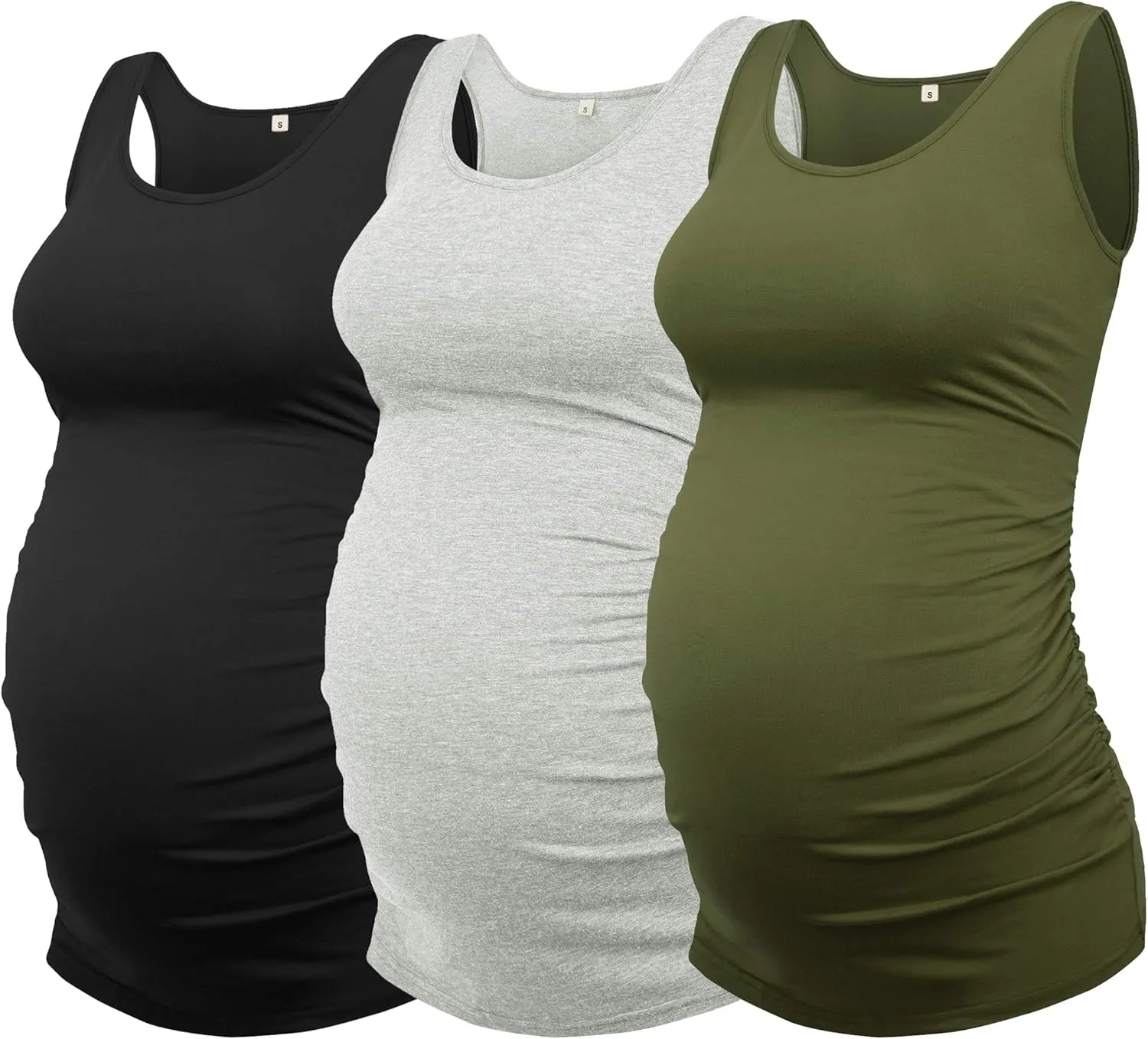 AMPOSH Women's Maternity Tank Top 3 Pack Ruched Side Sleeveless Pregnancy Basic Shirt