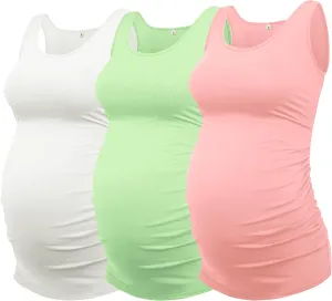 AMPOSH Women's Maternity Tank Top 3 Pack Ruched Side Sleeveless Pregnancy Basic Shirt