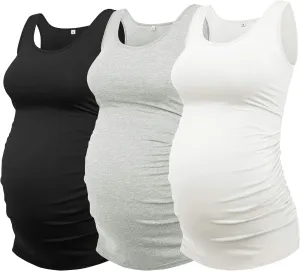 AMPOSH Women's Maternity Tank Top 3 Pack Ruched Side Sleeveless Pregnancy Basic Shirt