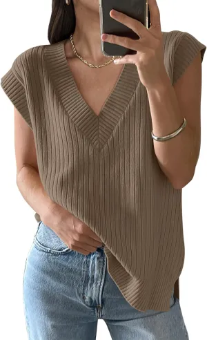 ANRABESS Womens V Neck Sweater Vest Oversized Sleeveless Tops Casual Ribbed Knit Loose 2025 Summer Tank Top Outfits Clothes