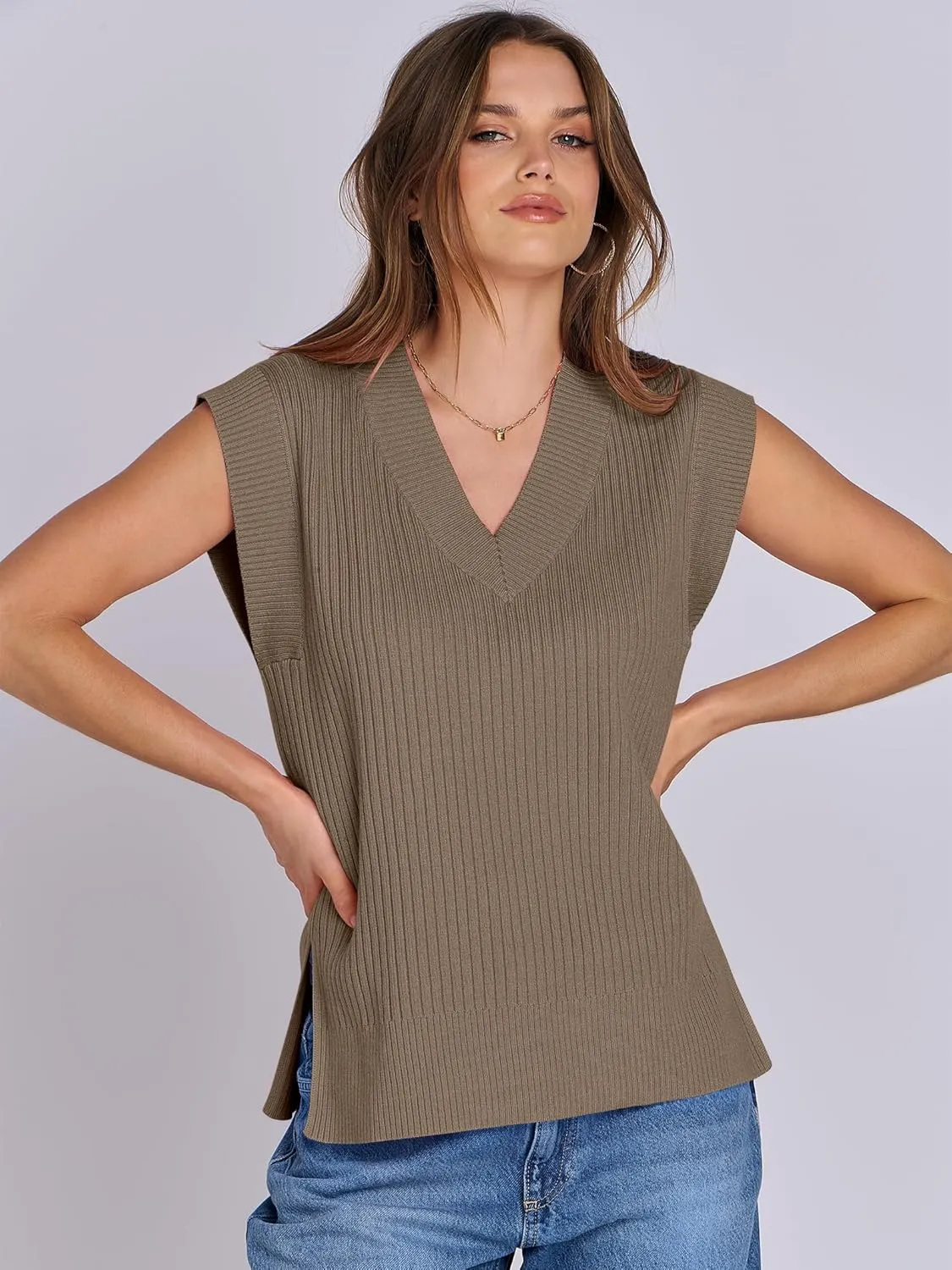 ANRABESS Womens V Neck Sweater Vest Oversized Sleeveless Tops Casual Ribbed Knit Loose 2025 Summer Tank Top Outfits Clothes