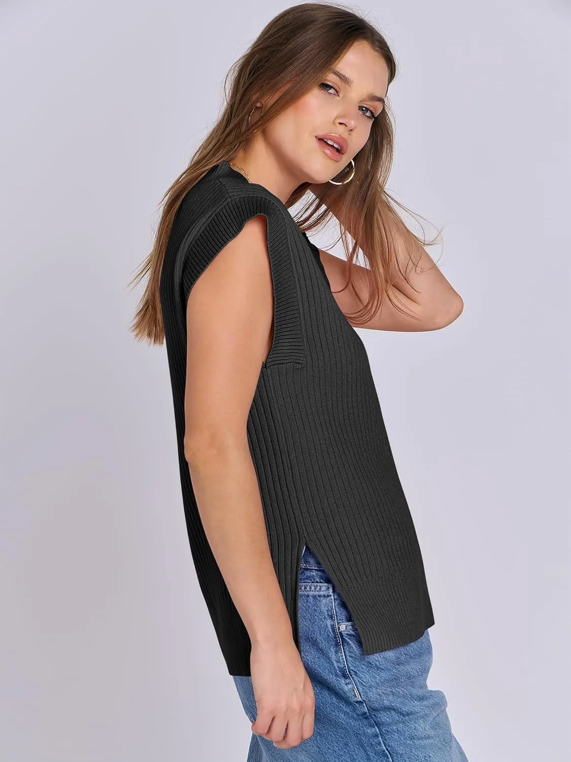 ANRABESS Womens V Neck Sweater Vest Oversized Sleeveless Tops Casual Ribbed Knit Loose 2025 Summer Tank Top Outfits Clothes