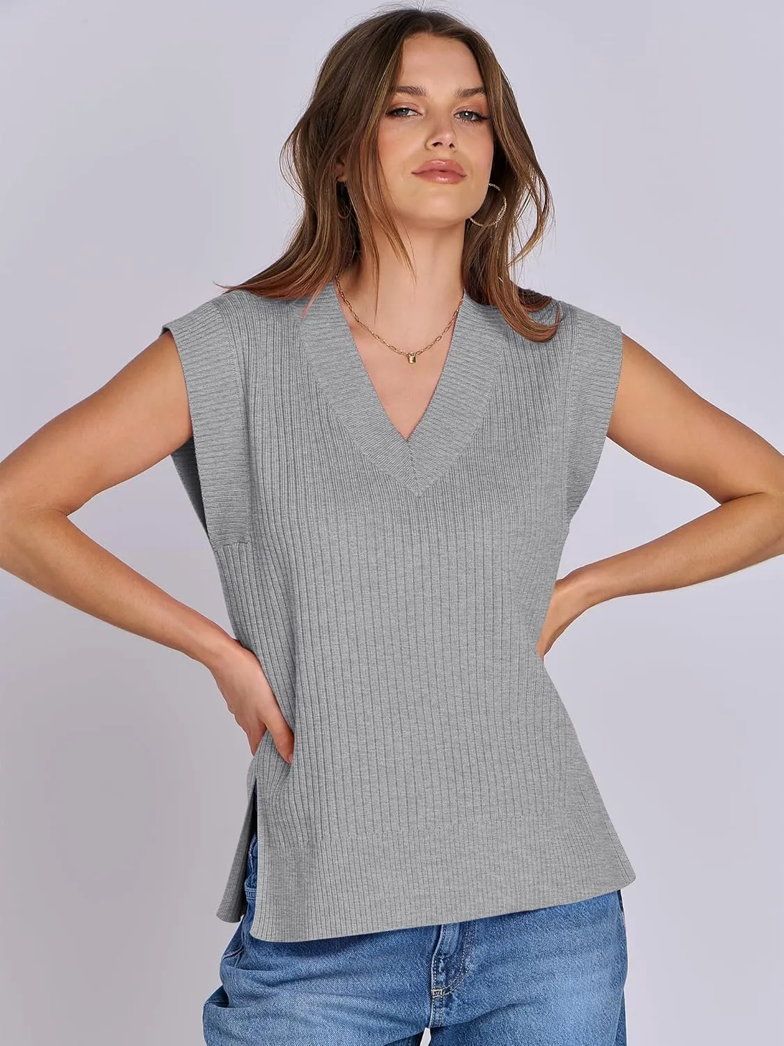 ANRABESS Womens V Neck Sweater Vest Oversized Sleeveless Tops Casual Ribbed Knit Loose 2025 Summer Tank Top Outfits Clothes
