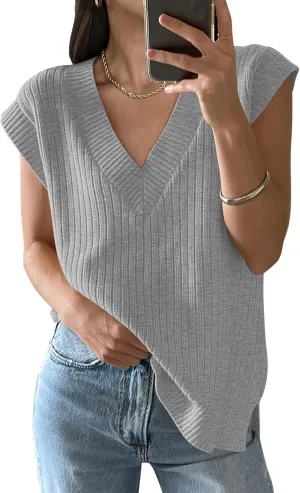 ANRABESS Womens V Neck Sweater Vest Oversized Sleeveless Tops Casual Ribbed Knit Loose 2025 Summer Tank Top Outfits Clothes