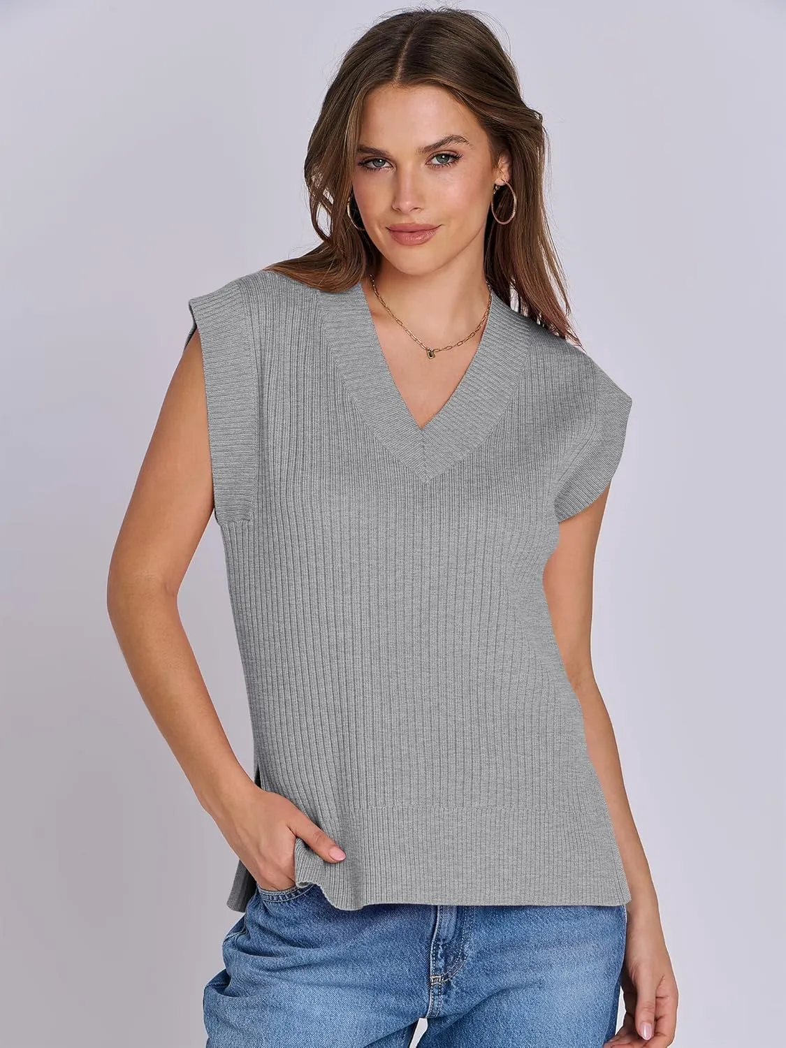 ANRABESS Womens V Neck Sweater Vest Oversized Sleeveless Tops Casual Ribbed Knit Loose 2025 Summer Tank Top Outfits Clothes