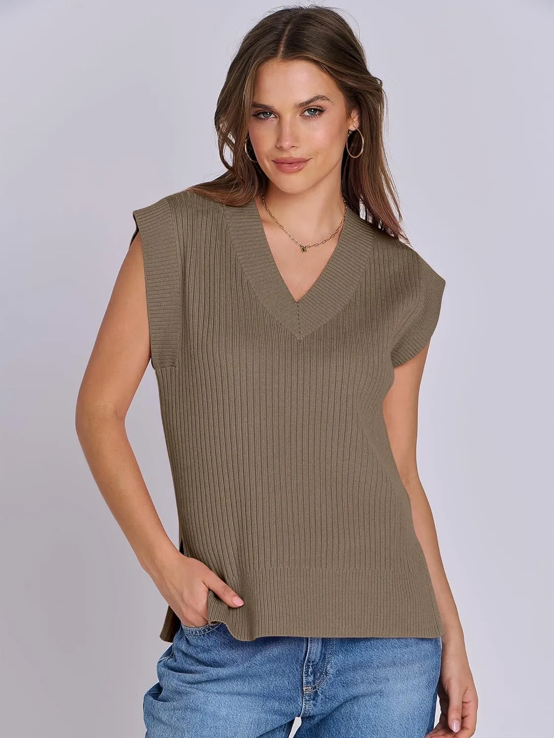 ANRABESS Womens V Neck Sweater Vest Oversized Sleeveless Tops Casual Ribbed Knit Loose 2025 Summer Tank Top Outfits Clothes