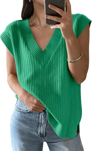 ANRABESS Womens V Neck Sweater Vest Oversized Sleeveless Tops Casual Ribbed Knit Loose 2025 Summer Tank Top Outfits Clothes