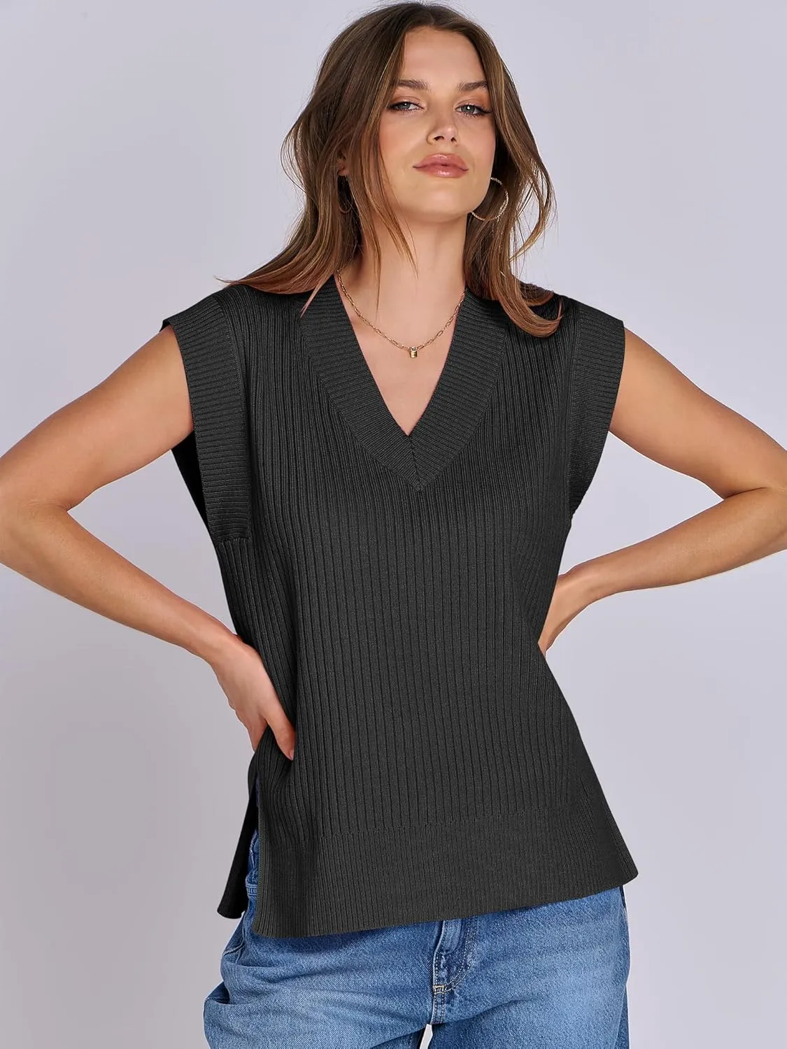 ANRABESS Womens V Neck Sweater Vest Oversized Sleeveless Tops Casual Ribbed Knit Loose 2025 Summer Tank Top Outfits Clothes