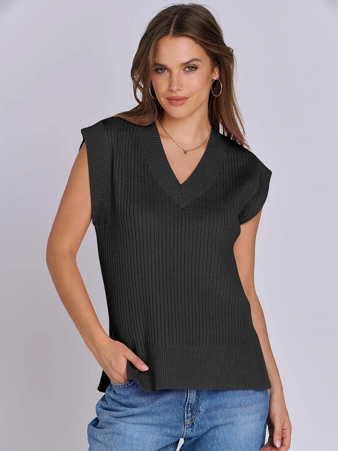 ANRABESS Womens V Neck Sweater Vest Oversized Sleeveless Tops Casual Ribbed Knit Loose 2025 Summer Tank Top Outfits Clothes