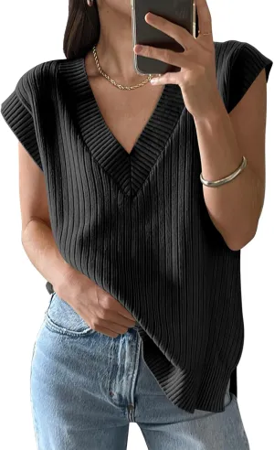 ANRABESS Womens V Neck Sweater Vest Oversized Sleeveless Tops Casual Ribbed Knit Loose 2025 Summer Tank Top Outfits Clothes