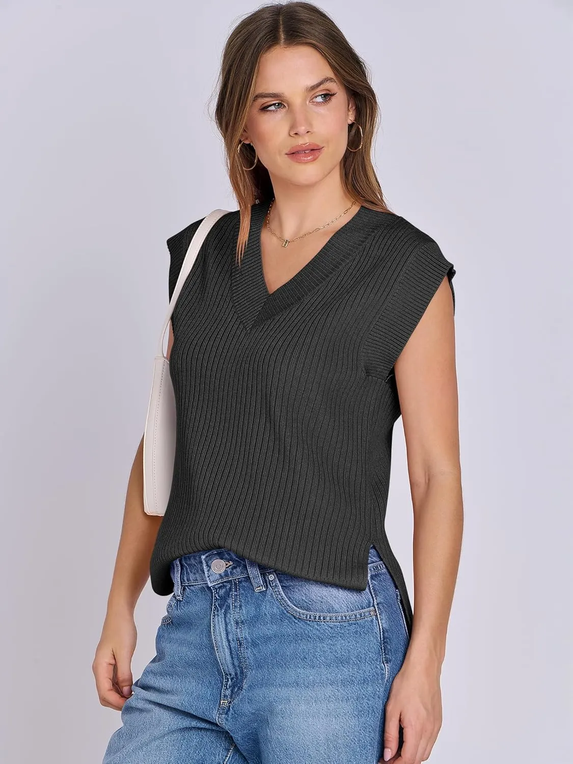 ANRABESS Womens V Neck Sweater Vest Oversized Sleeveless Tops Casual Ribbed Knit Loose 2025 Summer Tank Top Outfits Clothes