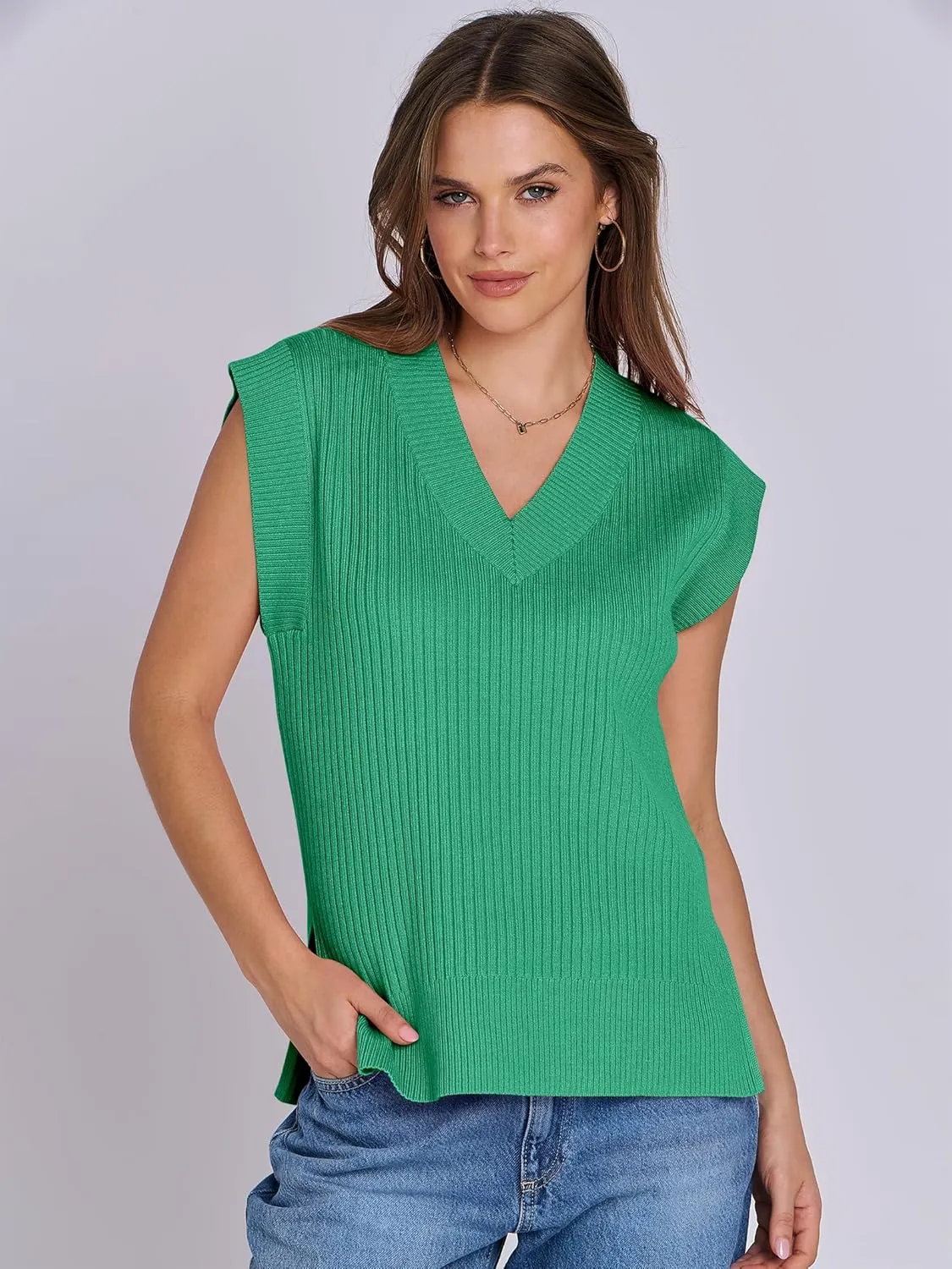 ANRABESS Womens V Neck Sweater Vest Oversized Sleeveless Tops Casual Ribbed Knit Loose 2025 Summer Tank Top Outfits Clothes