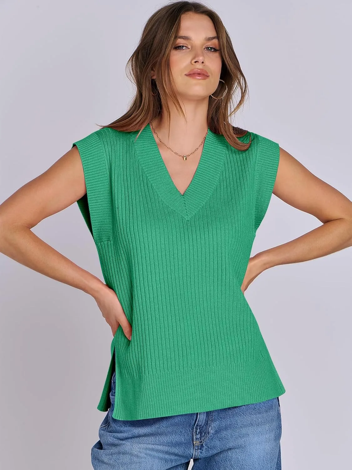 ANRABESS Womens V Neck Sweater Vest Oversized Sleeveless Tops Casual Ribbed Knit Loose 2025 Summer Tank Top Outfits Clothes