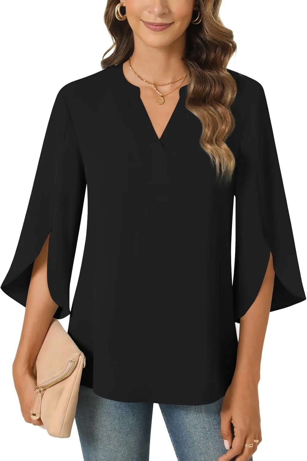Anyally Women's Chiffon Blouses 3/4 Sleeve Summer Dressy Tunic Tops Casual Loose V Neck T-Shirts