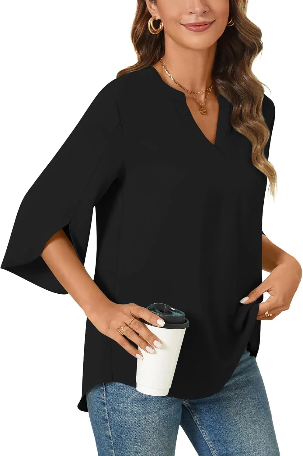 Anyally Women's Chiffon Blouses 3/4 Sleeve Summer Dressy Tunic Tops Casual Loose V Neck T-Shirts