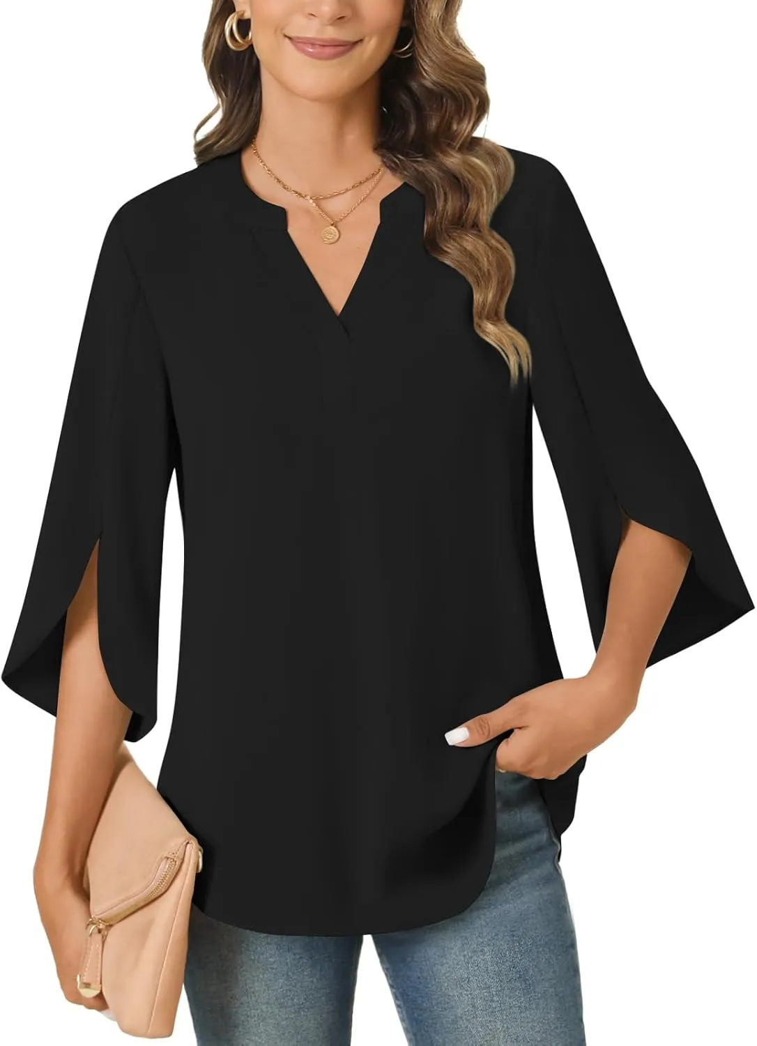 Anyally Women's Chiffon Blouses 3/4 Sleeve Summer Dressy Tunic Tops Casual Loose V Neck T-Shirts