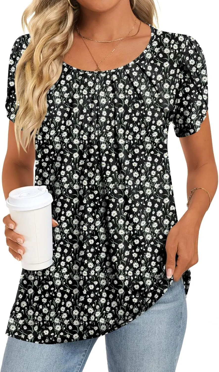 Anymeet Womens Tops 2025 Spring Summer Tunic Short Sleeve Casual Shirts Pleated Blouses for Leggings M-3XL