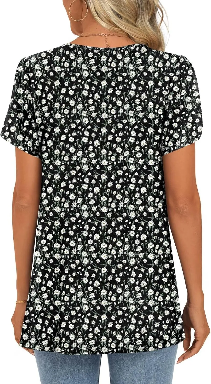 Anymeet Womens Tops 2025 Spring Summer Tunic Short Sleeve Casual Shirts Pleated Blouses for Leggings M-3XL
