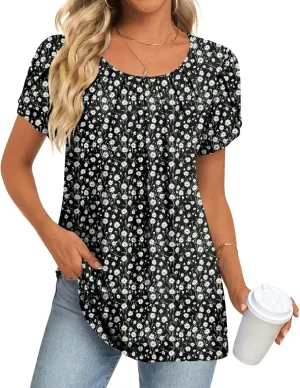Anymeet Womens Tops 2025 Spring Summer Tunic Short Sleeve Casual Shirts Pleated Blouses for Leggings M-3XL