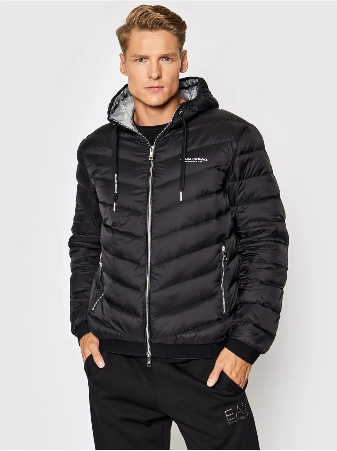 AX ARMANI EXCHANGE Men's Hooded Quilted Down Milano/New York Logo Zip-up Jacket