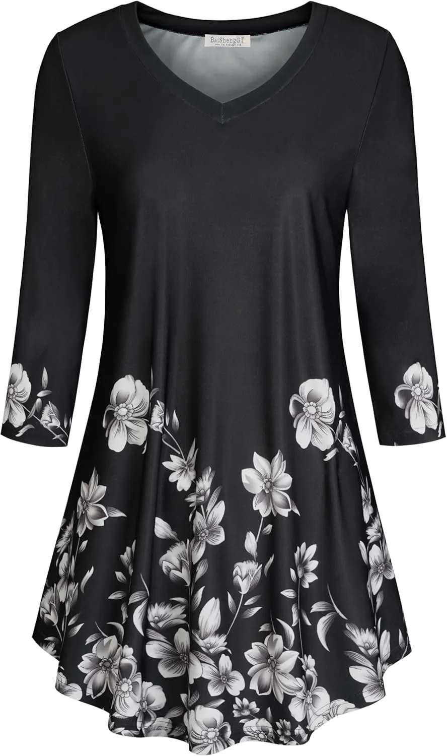 BAISHENGGT Women's V Neck 3/4 Sleeve Tunic Tops for Leggings Casual Dressy T-Shirts Blouses